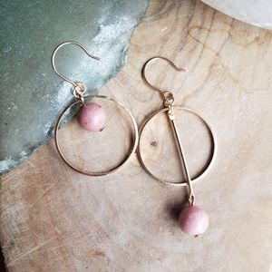 Handmade Asymmetric Pink Rhodonite Rose Gold Healing Earrings